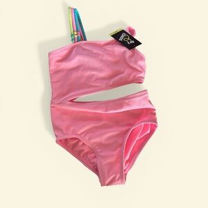 Art Class One-Shoulder Cutout Pink Ribbed Swimsuit. Size 6/7
